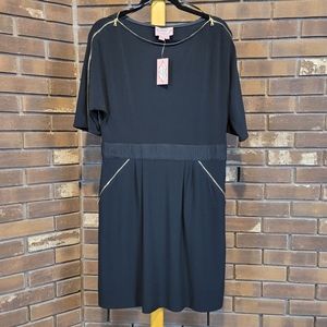 Phoebe Couture black dress elbow sleeves boat neck gold zipper hardware